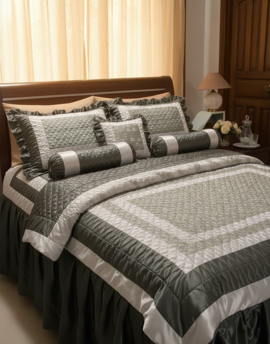 Pure silk 7 Pcs Bedsheet - Silver