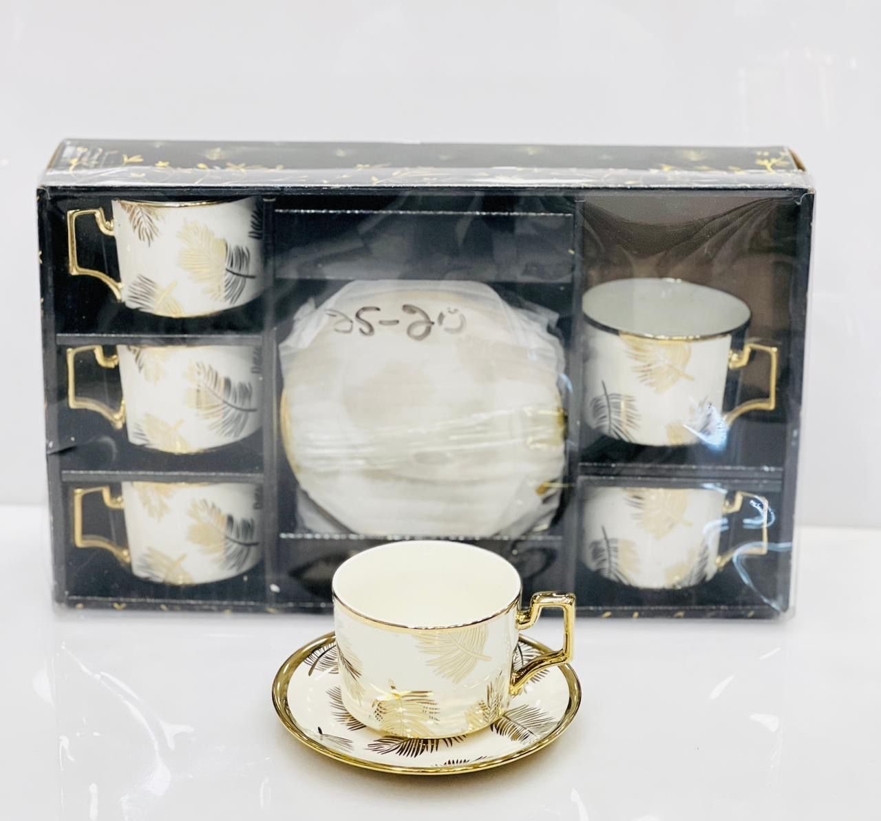 Premium Quality Electro Golden Plated Cup 7 Saucer Set (12 pieces) Design 1