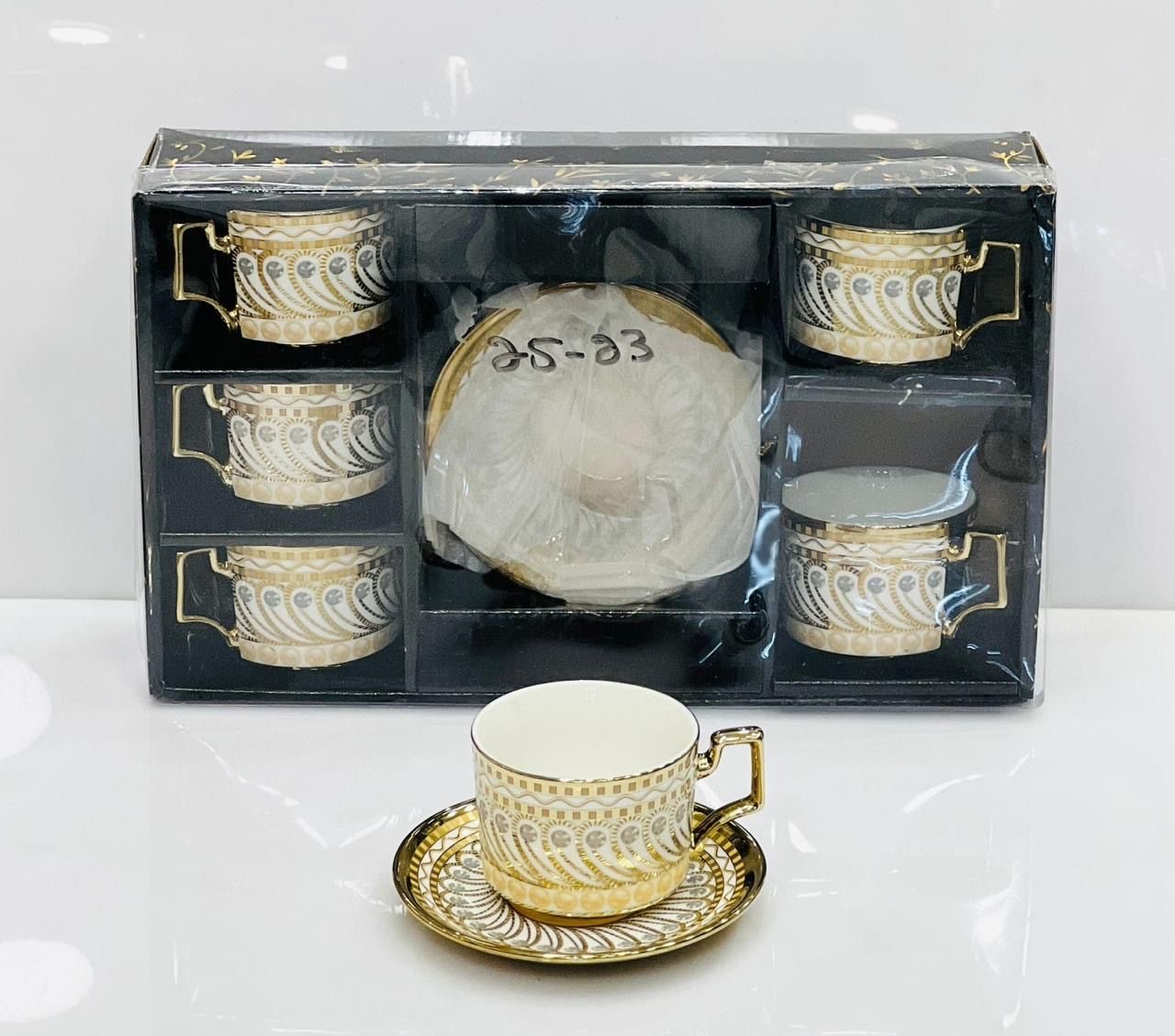 Premium Quality Electro Golden Plated Cup 7 Saucer Set (12 pieces) Design 2